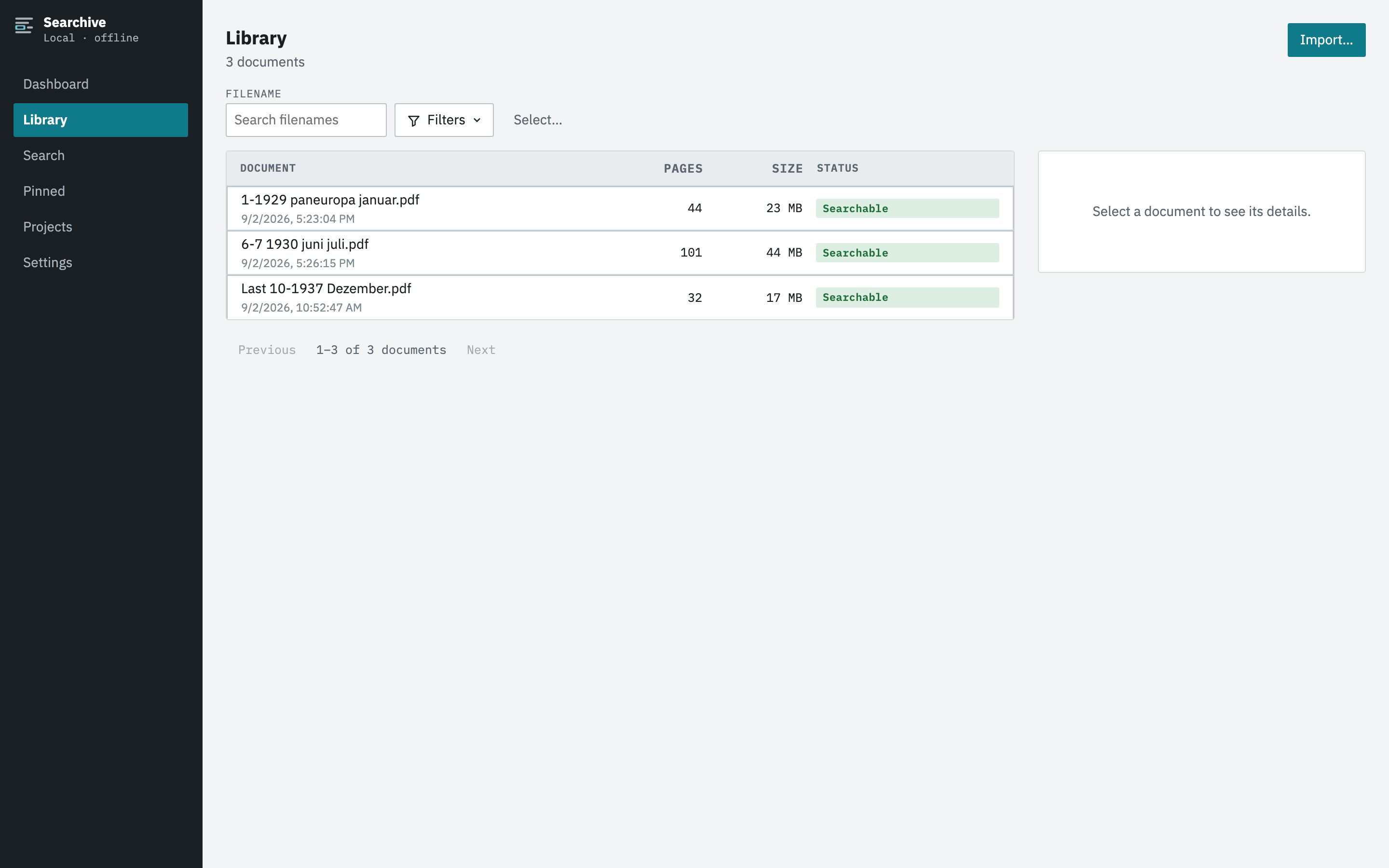 The library view listing documents with pages, size and status, sortable by column